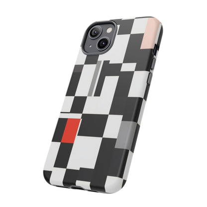 Abstract Geometric Phone Case – Black & White Checker Grid with Red Accent