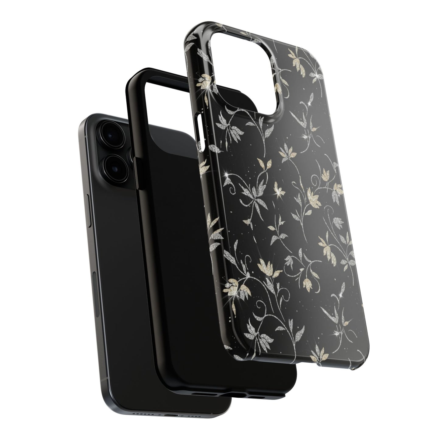 Floral Noir Tough Phone Case — Vintage Black Botanical Protective Cover