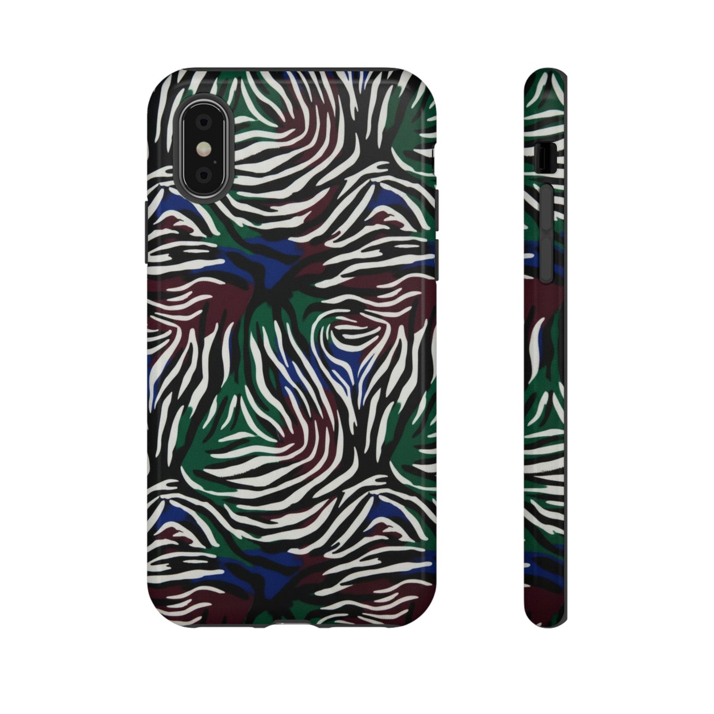 Zebra Camo Tough Phone Case – Green & Blue Animal Print Protective Cover
