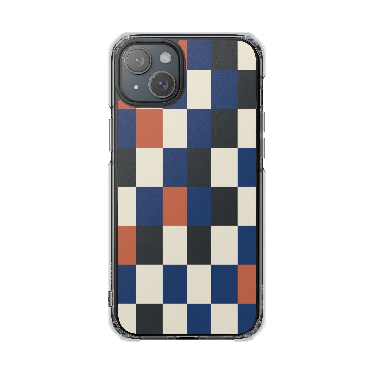 Clear Magnetic Phone Case — Retro Checkerboard Pattern (Blue, Black & Rust)