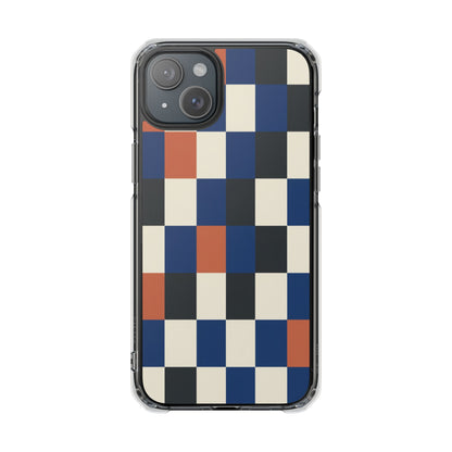 Clear Magnetic Phone Case — Retro Checkerboard Pattern (Blue, Black & Rust)