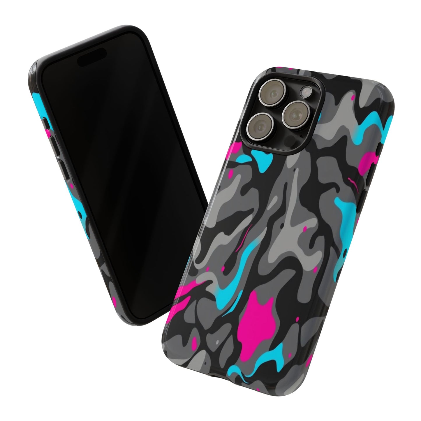 Camouflage Phone Case — Gray Camo with Neon Pink & Cyan Accent Tough Protective Cover