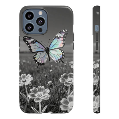 Butterfly Field Tough Phone Case — Pastel Holographic Butterfly on Black & White Floral Background