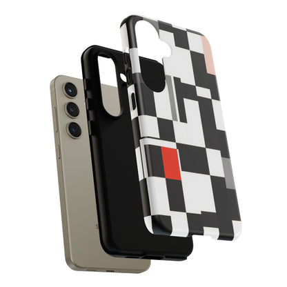 Abstract Geometric Phone Case – Black & White Checker Grid with Red Accent