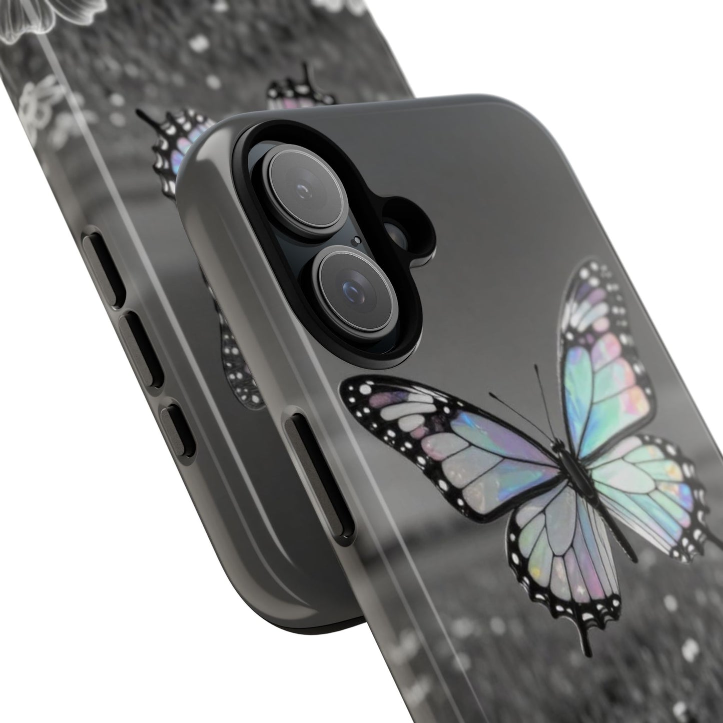 Butterfly Field Tough Phone Case — Pastel Holographic Butterfly on Black & White Floral Background