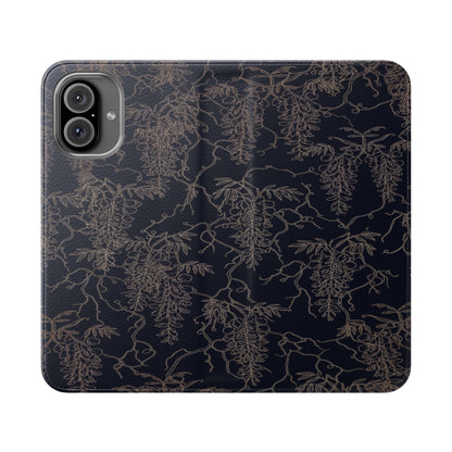 Botanical Noir Flip Phone Case — Dark Floral Wallet Cover with Card Slots