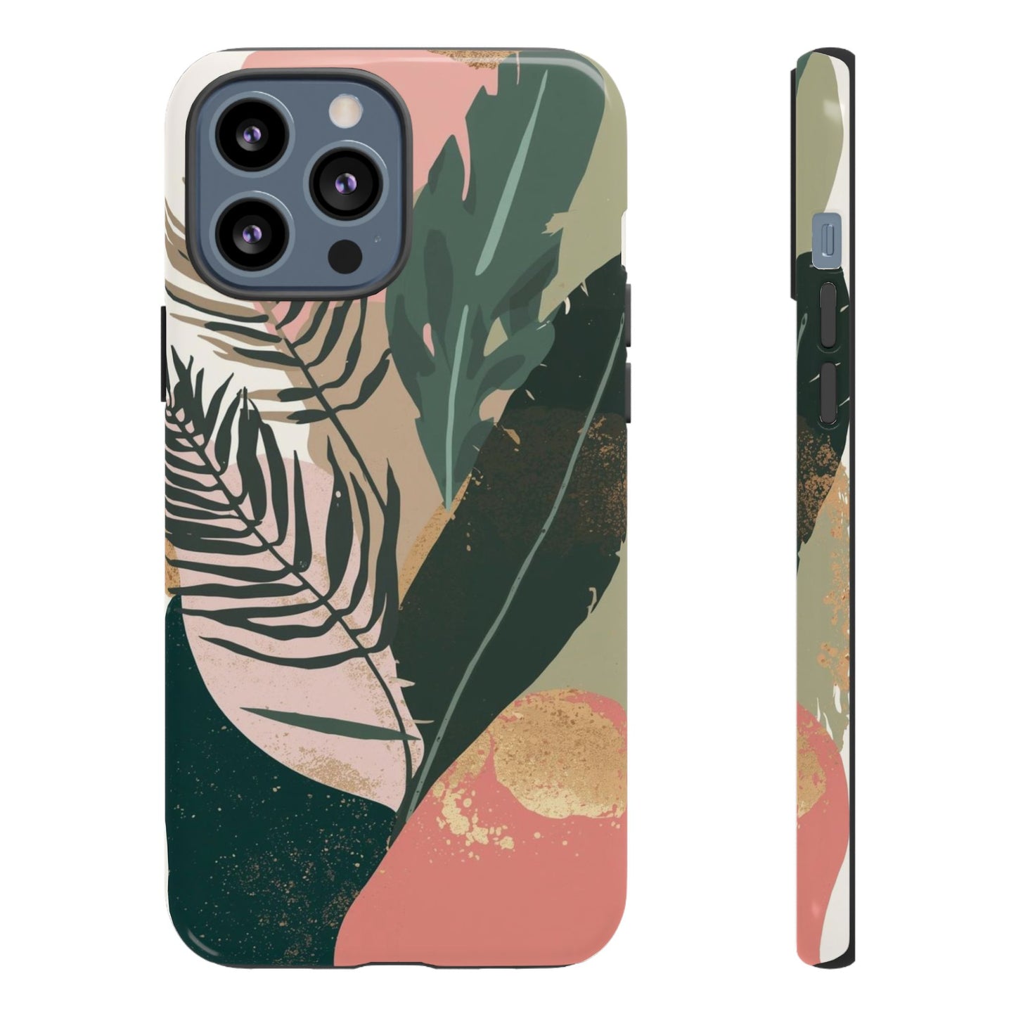 Tropical Leaf Tough Phone Case — Abstract Pink & Green Botanical Protective Cover