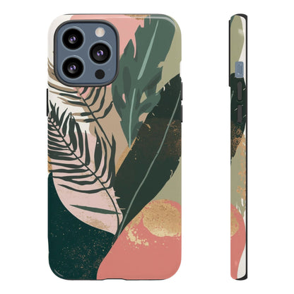 Tropical Leaf Tough Phone Case — Abstract Pink & Green Botanical Protective Cover
