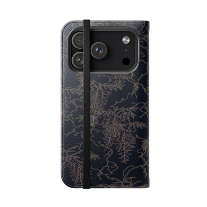 Botanical Noir Flip Phone Case — Dark Floral Wallet Cover with Card Slots