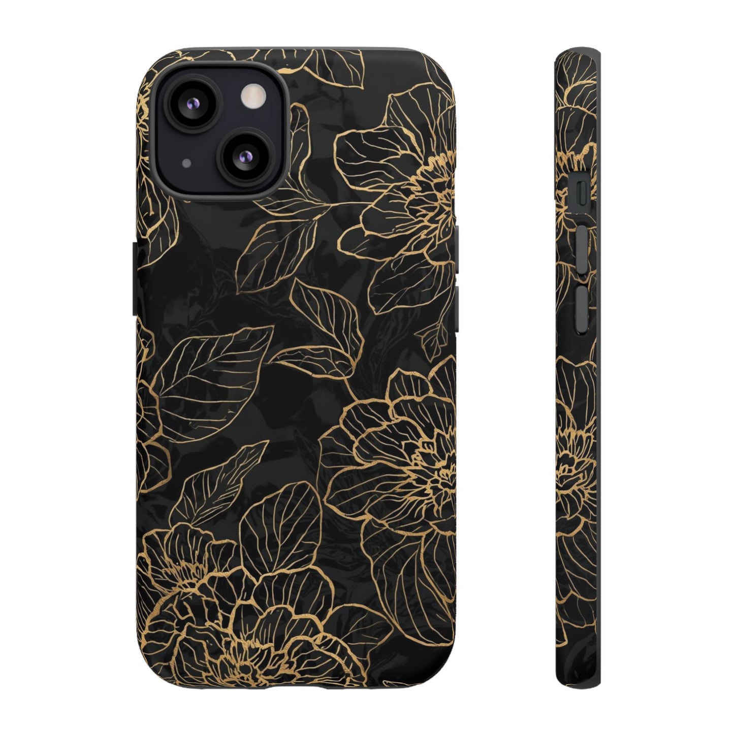 Floral Gold Outline Tough Phone Case – Black Botanical Protective Cover