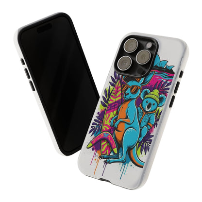 Kangaroo & Koala Surf Phone Case — Retro Neon Beach Art Tough Case