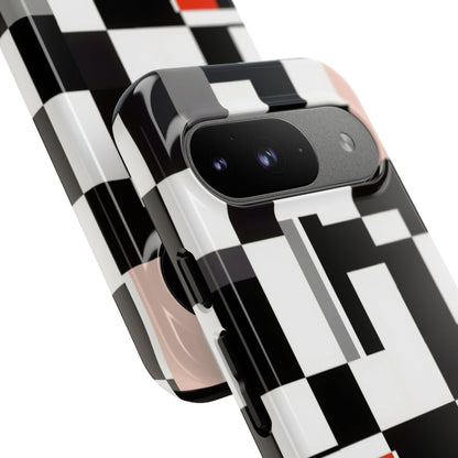 Abstract Geometric Phone Case – Black & White Checker Grid with Red Accent