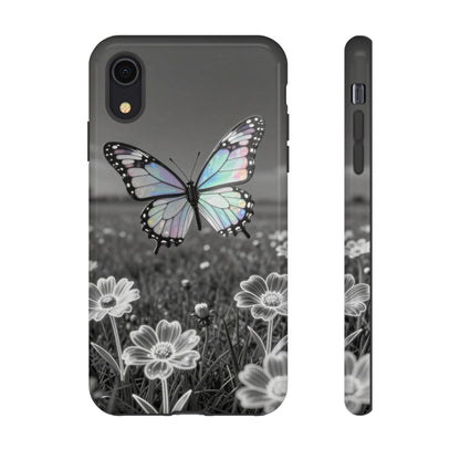 Butterfly Field Tough Phone Case — Pastel Holographic Butterfly on Black & White Floral Background