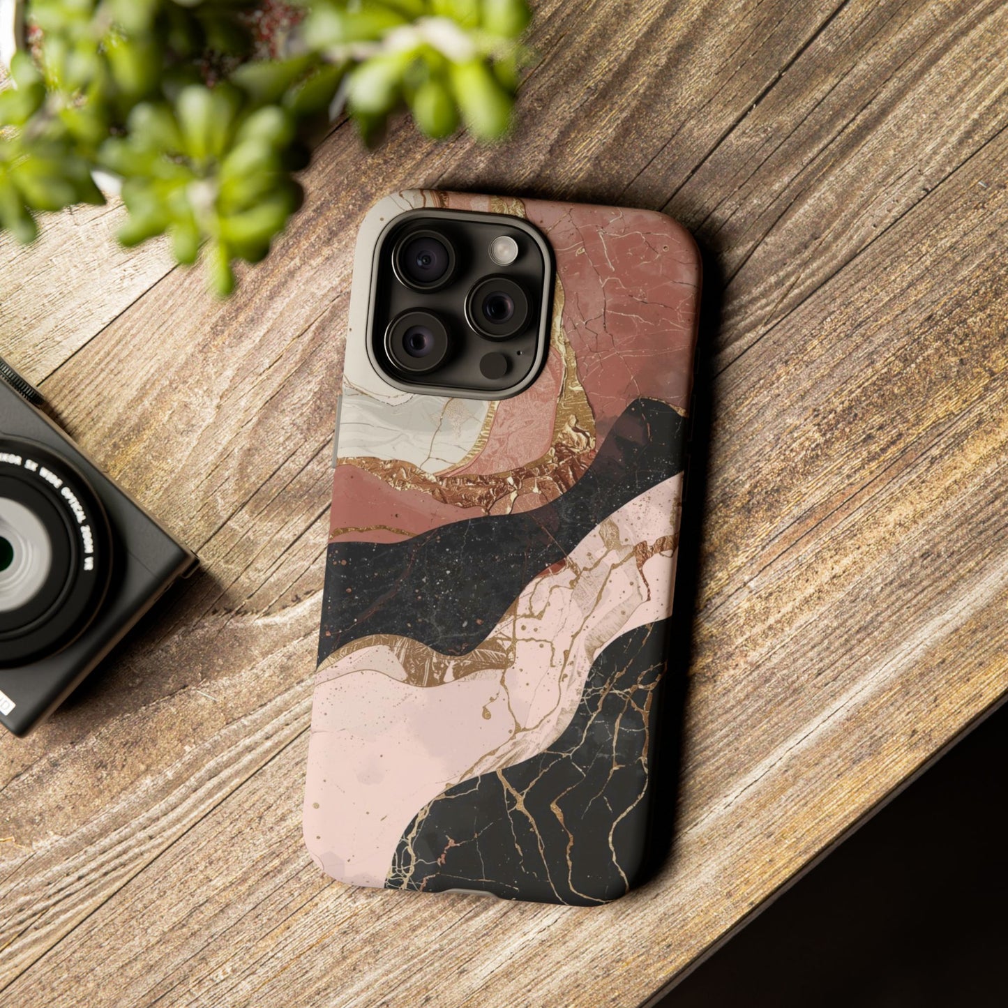 Marbled Rose Gold Phone Case — Abstract Pink & Black Protective Tough Case