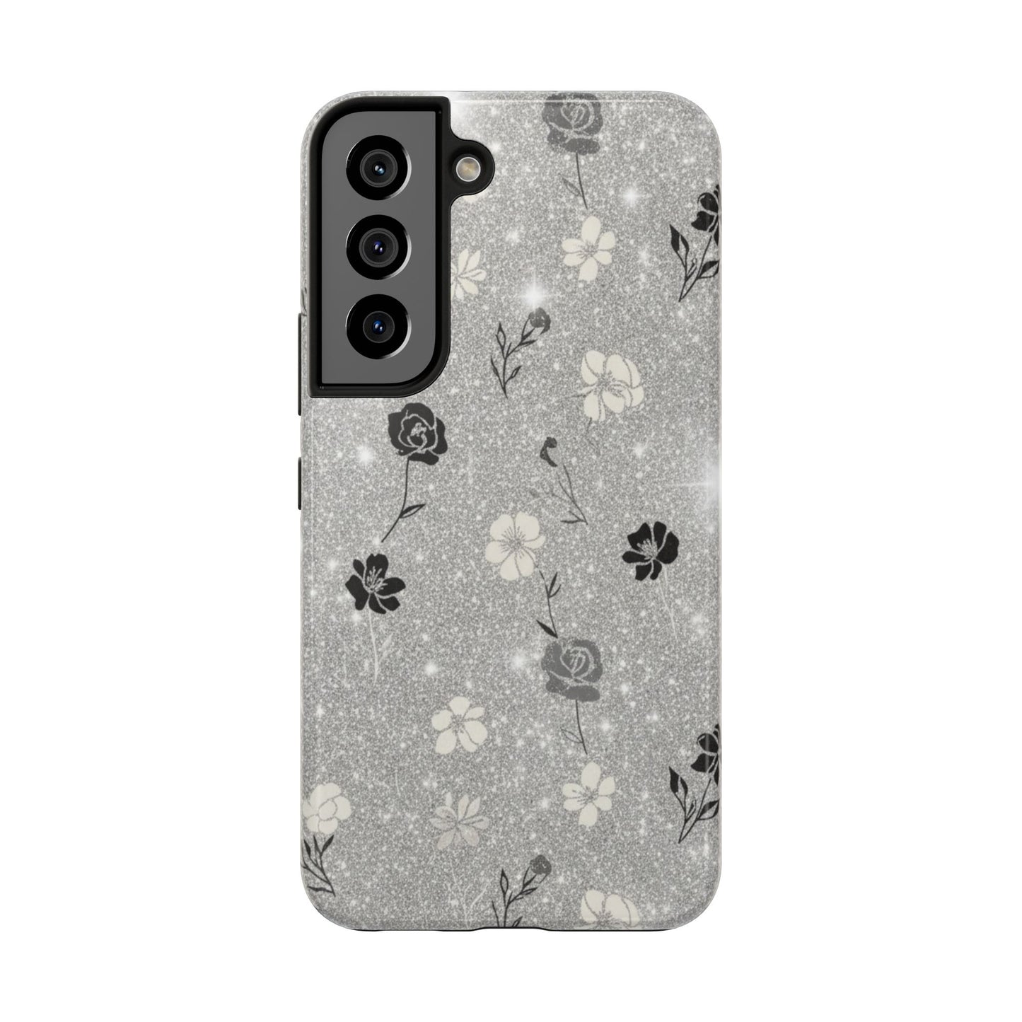Floral Glitter Tough Phone Case — Black & Silver Vintage Flower Protective Cover