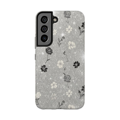 Floral Glitter Tough Phone Case — Black & Silver Vintage Flower Protective Cover