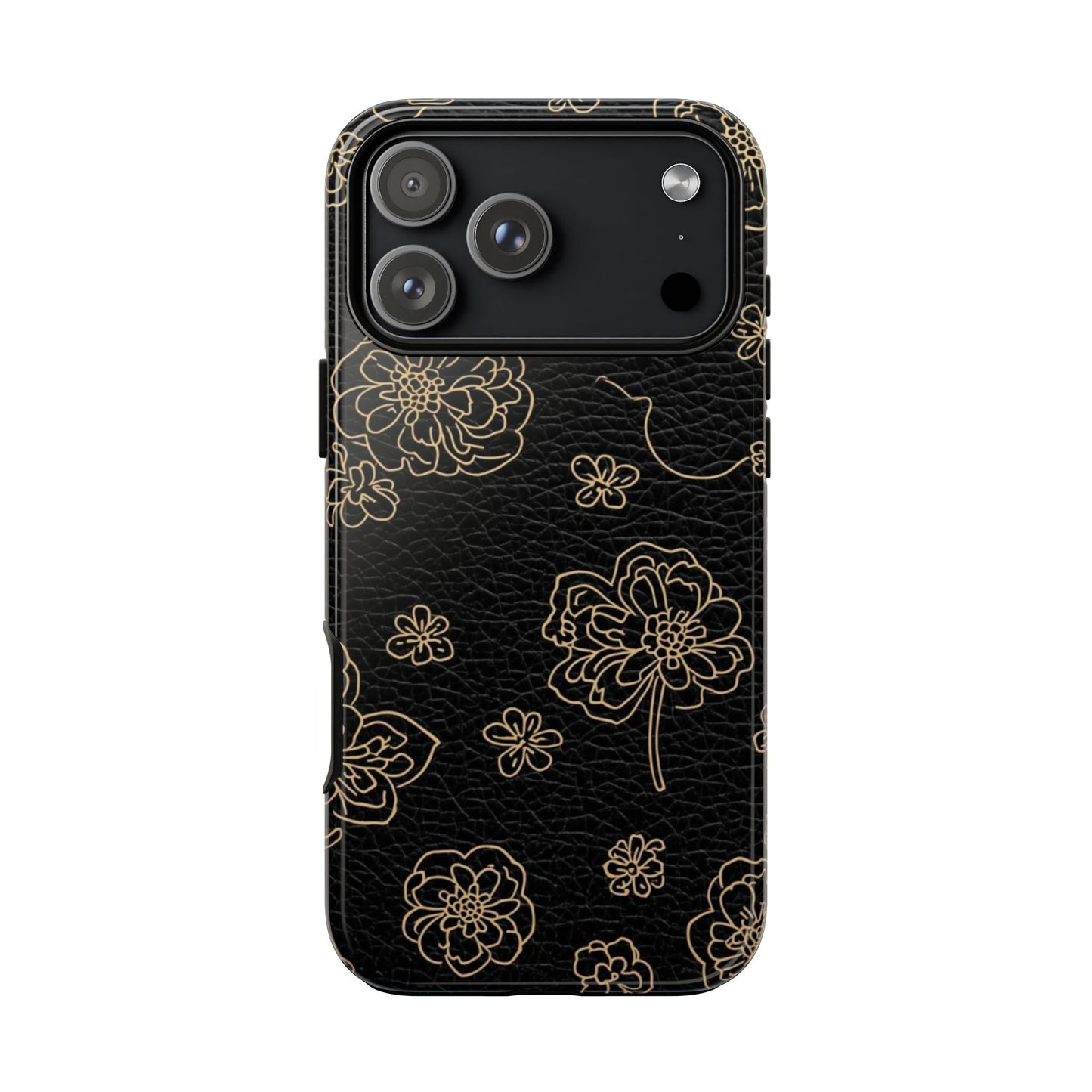 Floral Leather-Texture Tough Case – Black Gold Outline Phone Cover