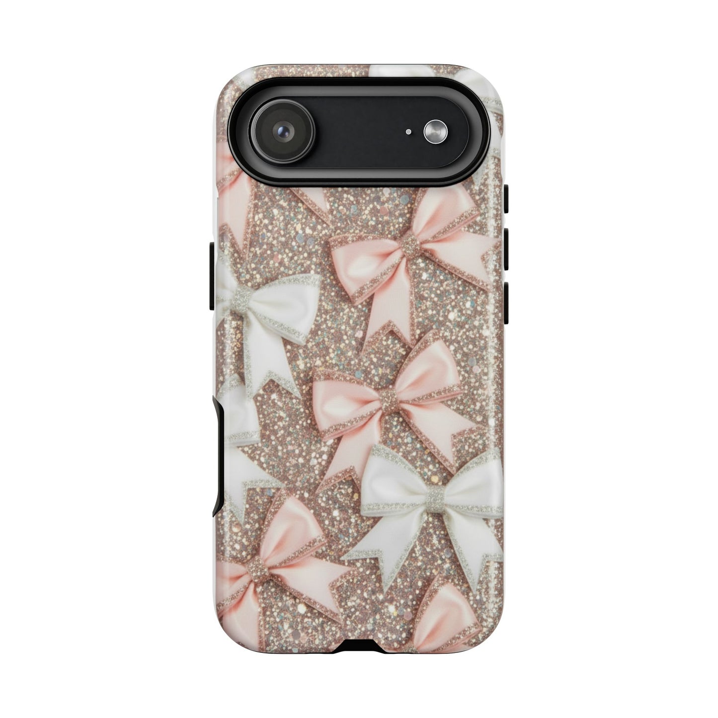 Glitter Bow Tough Phone Case — Pink & White Ribbon Protective Cover