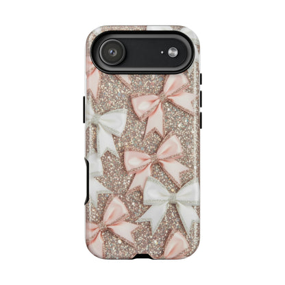 Glitter Bow Tough Phone Case — Pink & White Ribbon Protective Cover
