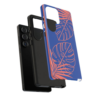 Tropical Monstera Phone Case — Blue & Coral Leaf Protective Cover
