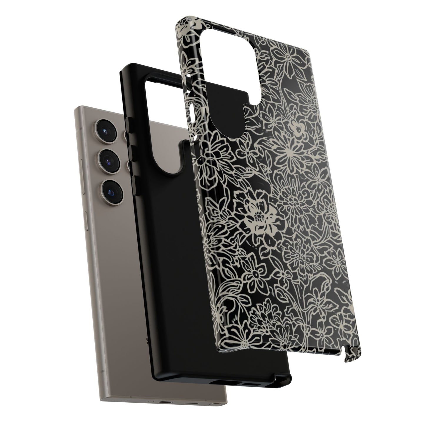 Floral Doodle Tough Phone Case — Black & White Sketch Flower Protective Cover