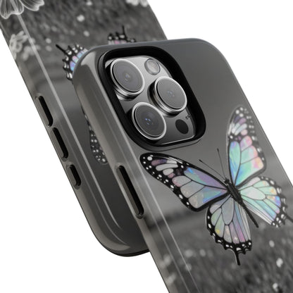 Butterfly Field Tough Phone Case — Pastel Holographic Butterfly on Black & White Floral Background