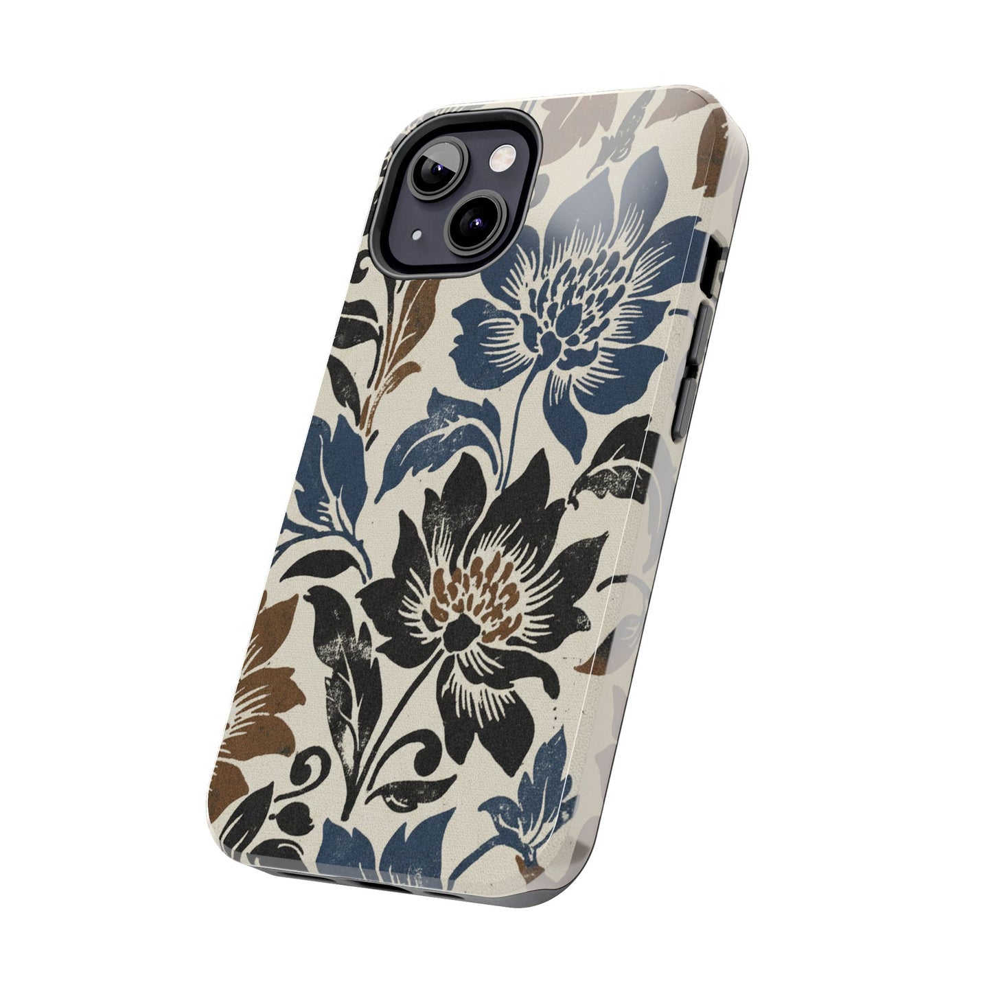 Floral Vintage Tough Phone Case — Blue & Brown Botanical Protection