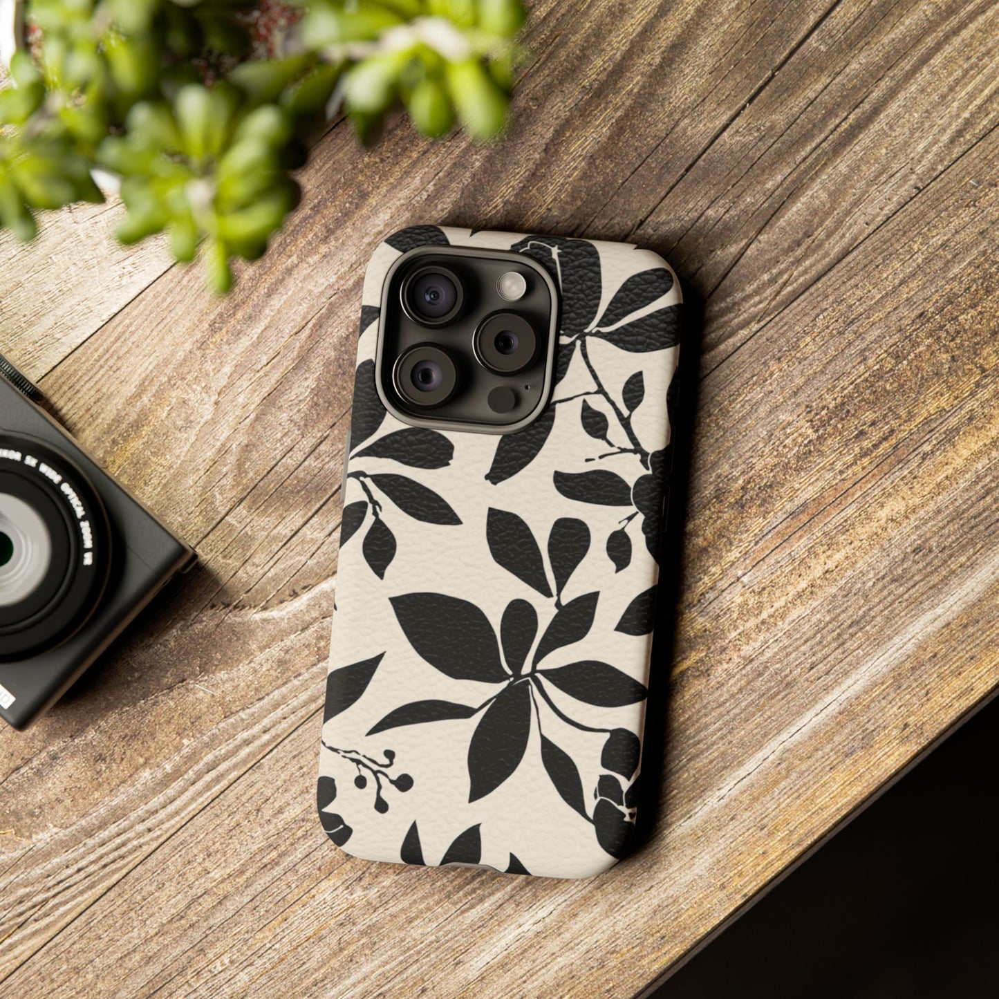 Black Floral Pattern Phone Case — Monochrome Botanical Tough Case
