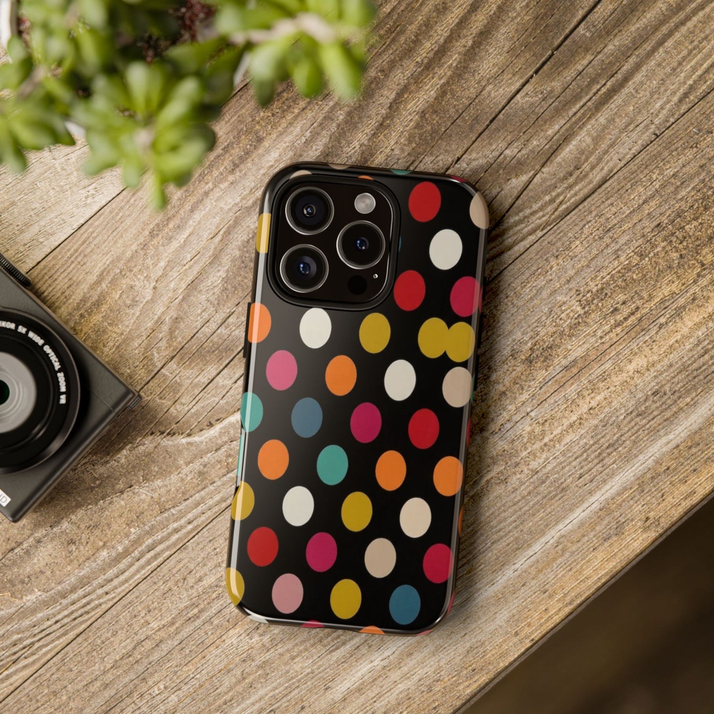 Polka Dot Tough Phone Case – Colorful Retro Dots on Black