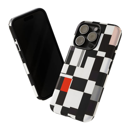 Abstract Geometric Phone Case – Black & White Checker Grid with Red Accent