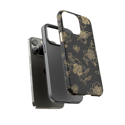 Floral Leather Phone Case — Gold Outline Flowers on Black Tough Case