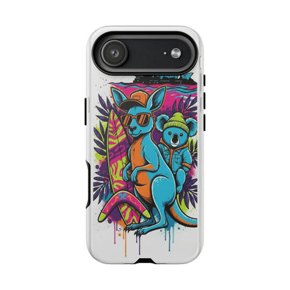 Kangaroo & Koala Surf Phone Case — Retro Neon Beach Art Tough Case