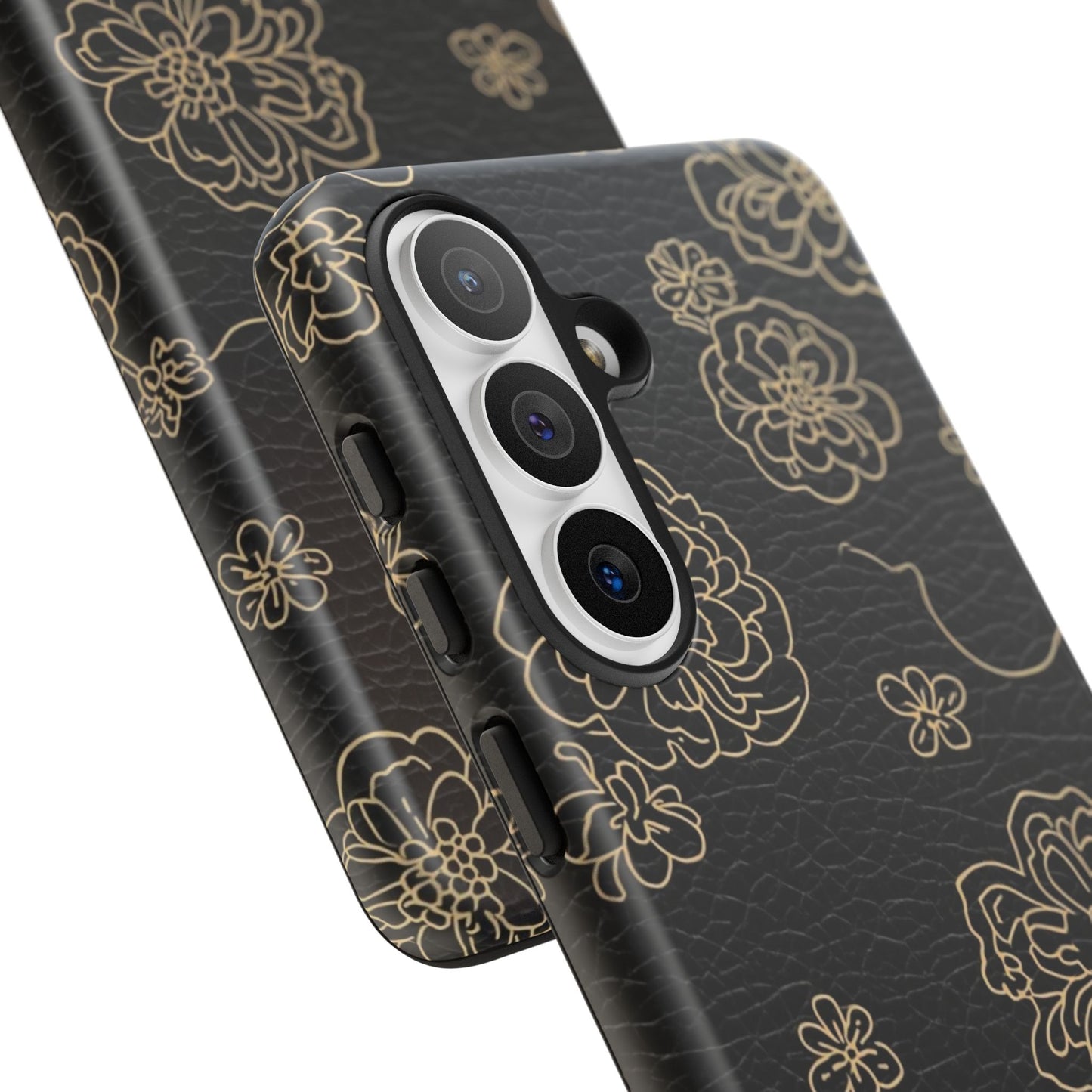 Floral Leather-Texture Tough Case – Black Gold Outline Phone Cover