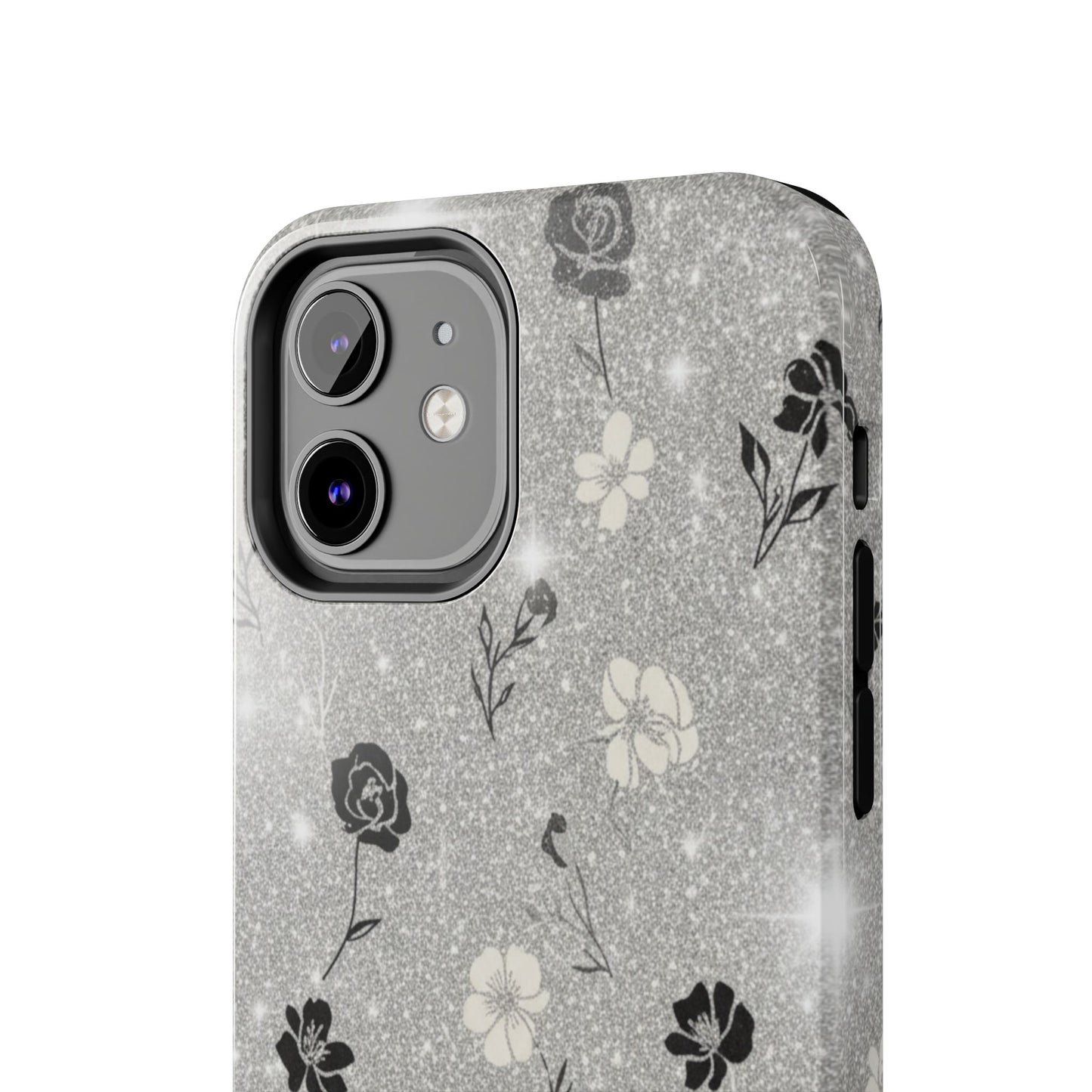Floral Glitter Tough Phone Case — Black & Silver Vintage Flower Protective Cover