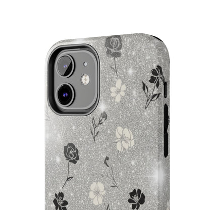Floral Glitter Tough Phone Case — Black & Silver Vintage Flower Protective Cover