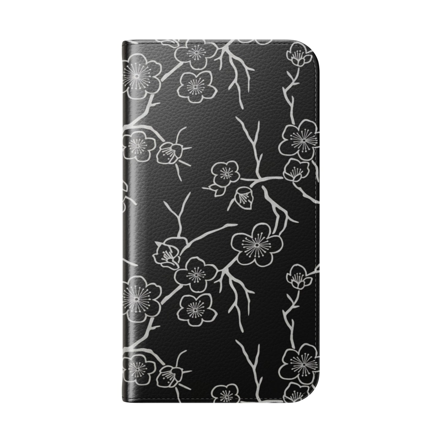 Black Cherry Blossom Flip Phone Case – Floral Wallet Flip Case with Card Slots
