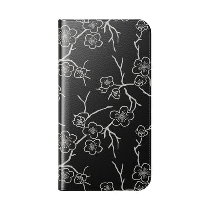 Black Cherry Blossom Flip Phone Case – Floral Wallet Flip Case with Card Slots