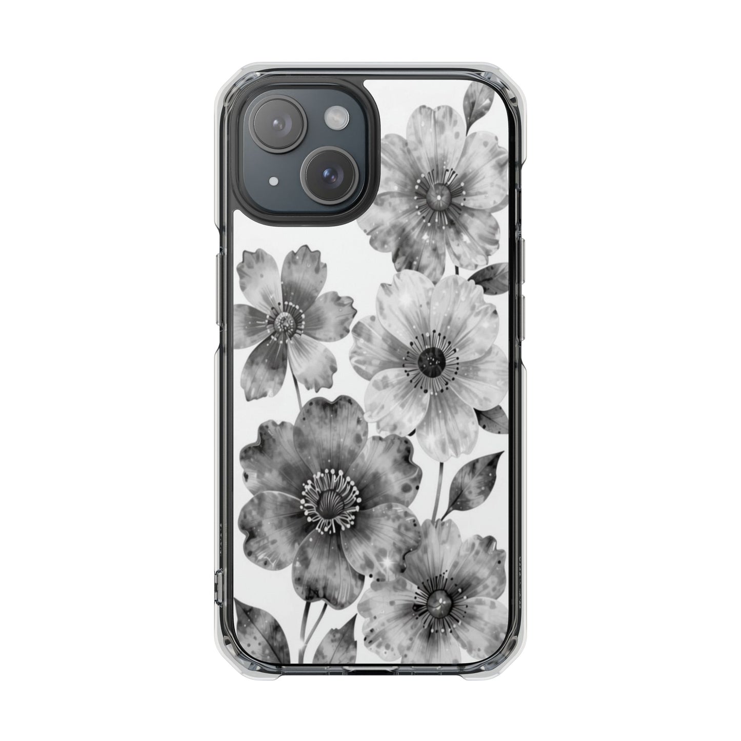 Clear Magnetic Phone Case — Black & White Watercolor Floral Design