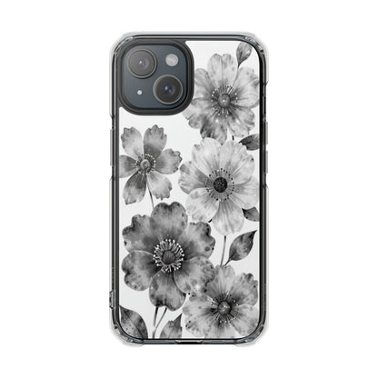 Clear Magnetic Phone Case — Black & White Watercolor Floral Design