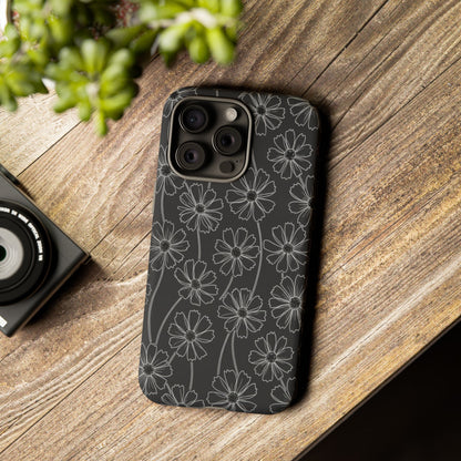Floral Doodle Tough Phone Case — Black & Gray Daisy Pattern