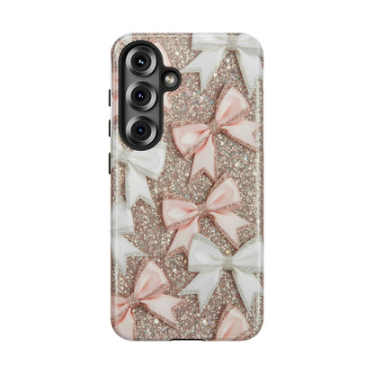 Glitter Bow Tough Phone Case — Pink & White Ribbon Protective Cover