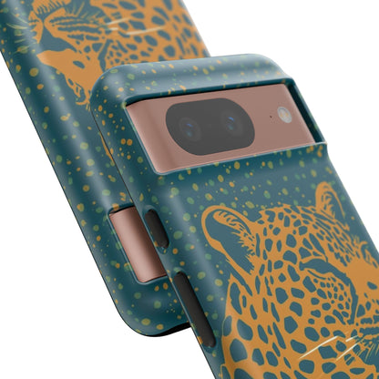 Leopard Print Tough Phone Case — Gold Panther on Teal, Protective iPhone Cover