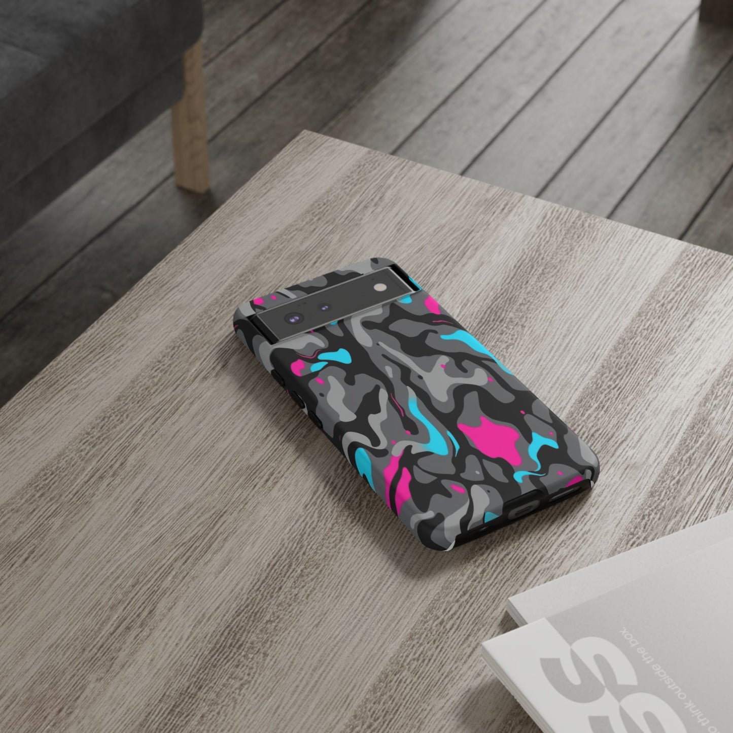 Camouflage Phone Case — Gray Camo with Neon Pink & Cyan Accent Tough Protective Cover