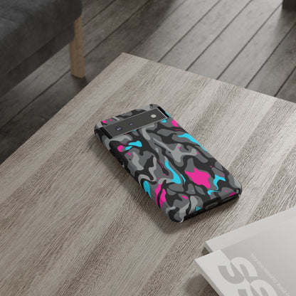 Camouflage Phone Case — Gray Camo with Neon Pink & Cyan Accent Tough Protective Cover
