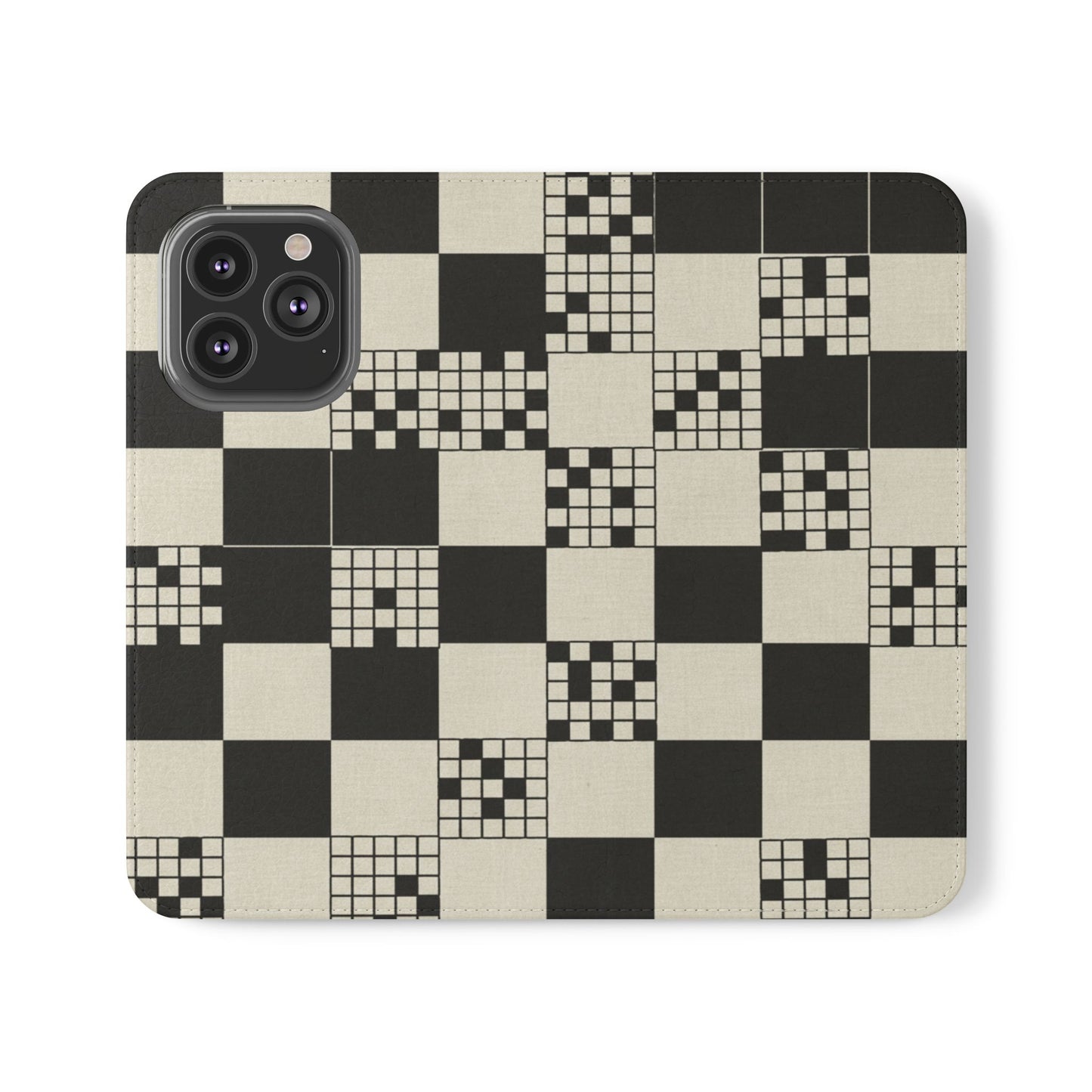 Checkerboard Flip Phone Case – Retro Black & Cream Geometric Wallet Case
