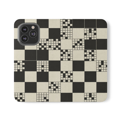 Checkerboard Flip Phone Case – Retro Black & Cream Geometric Wallet Case