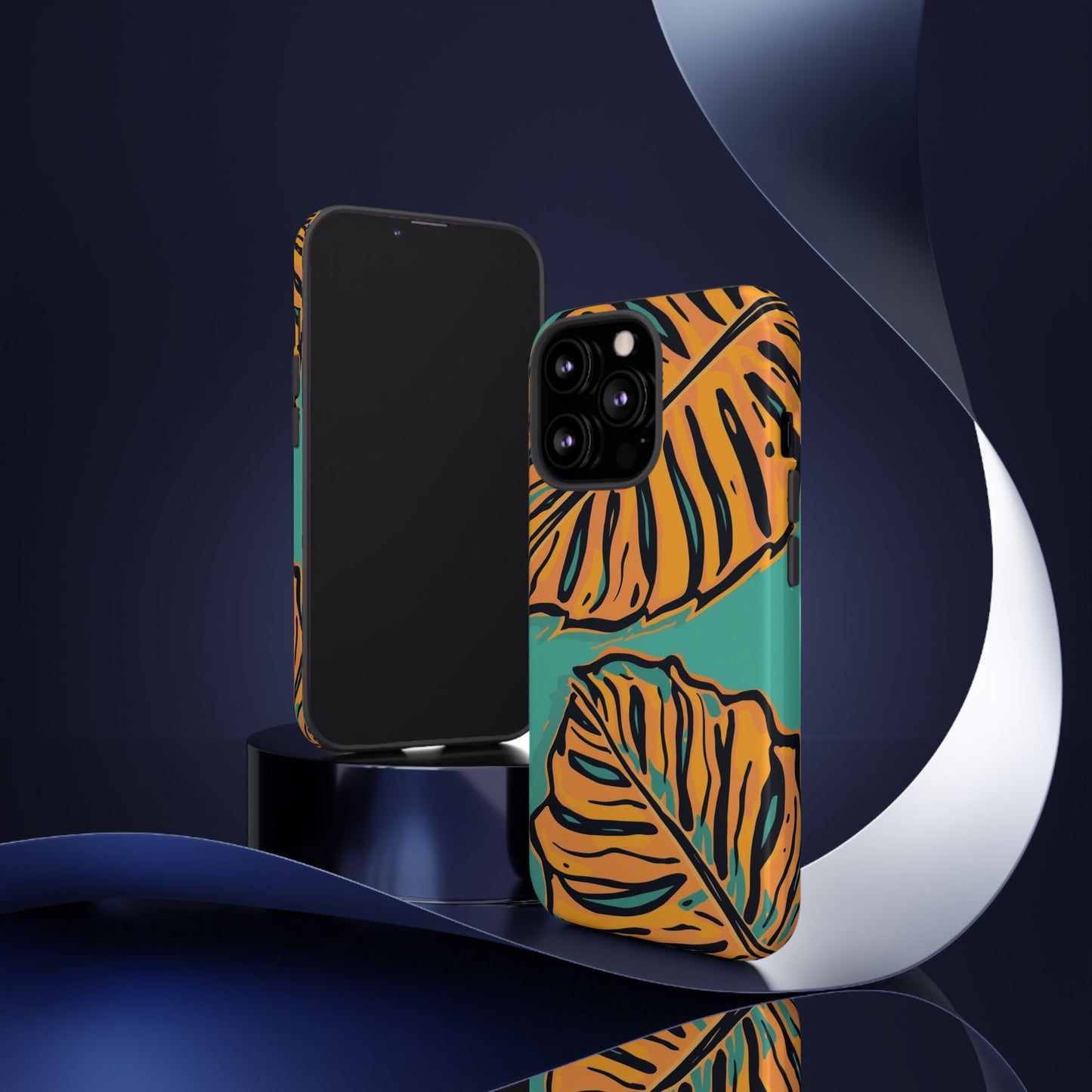 Tropical Leaf Tough Phone Case — Orange Monstera Design on Teal