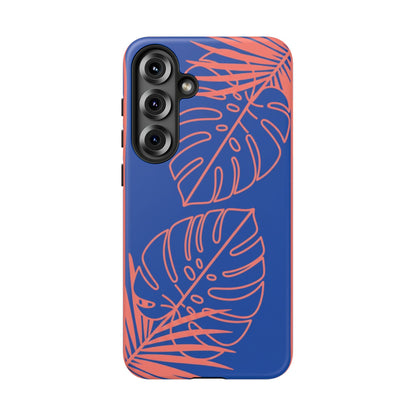 Tropical Monstera Phone Case — Blue & Coral Leaf Protective Cover