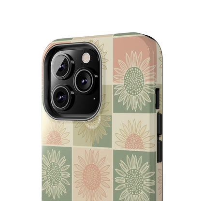 Sunflower Check iPhone Tough Phone Case — Retro Pastel Floral Protective Cover