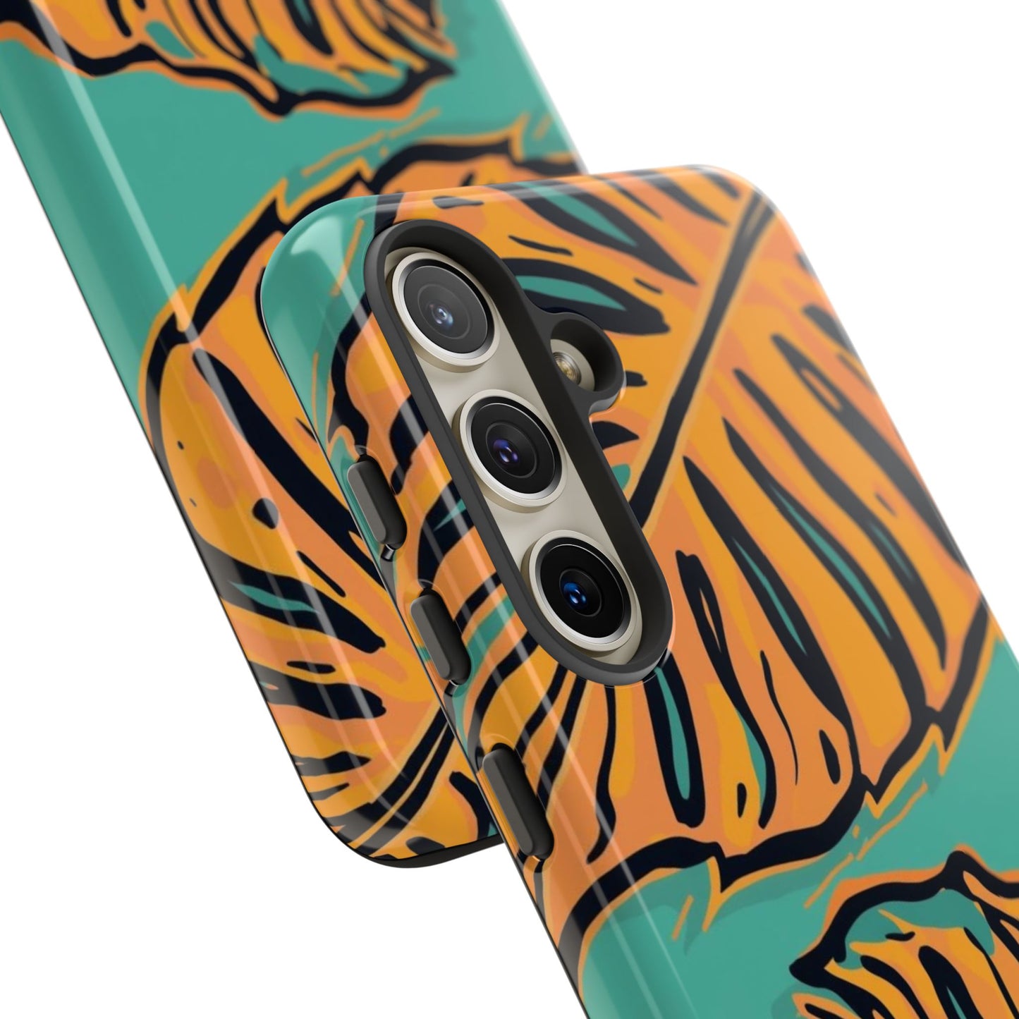 Tropical Leaf Tough Phone Case — Orange Monstera Design on Teal